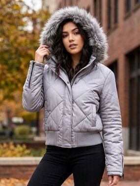 NWT Maralyn & Me Silver Gray Diamond Quilt Puffer Bomber Jacket XL
